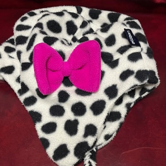 Lands' End White w/Black Spots Dalmatian Fleece Winter Hat w/Ties Pink Bow Med - Picture 10 of 16